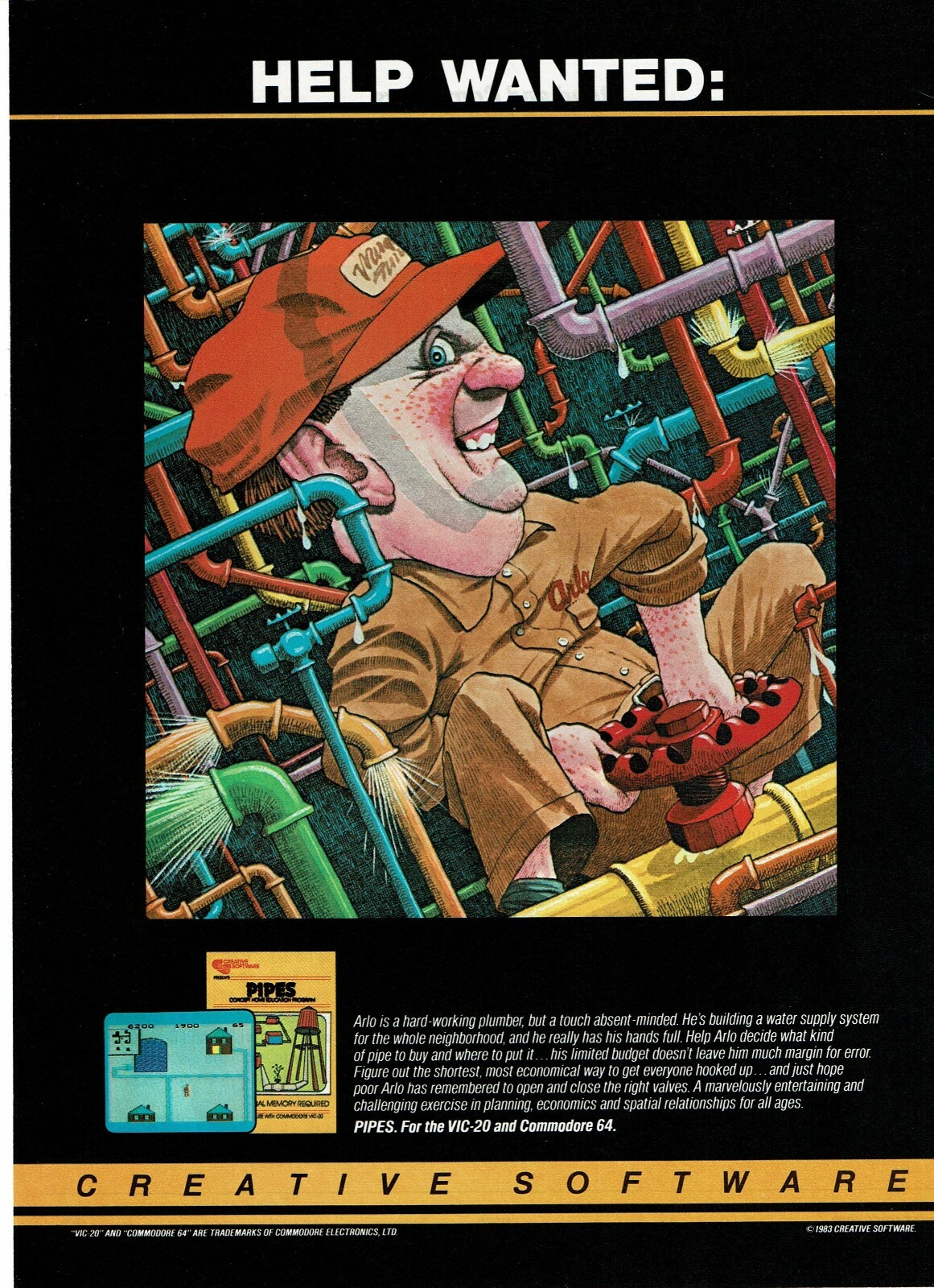 1983 Pipes Creative Software Vintage PRINT AD computer game plumber help wanted