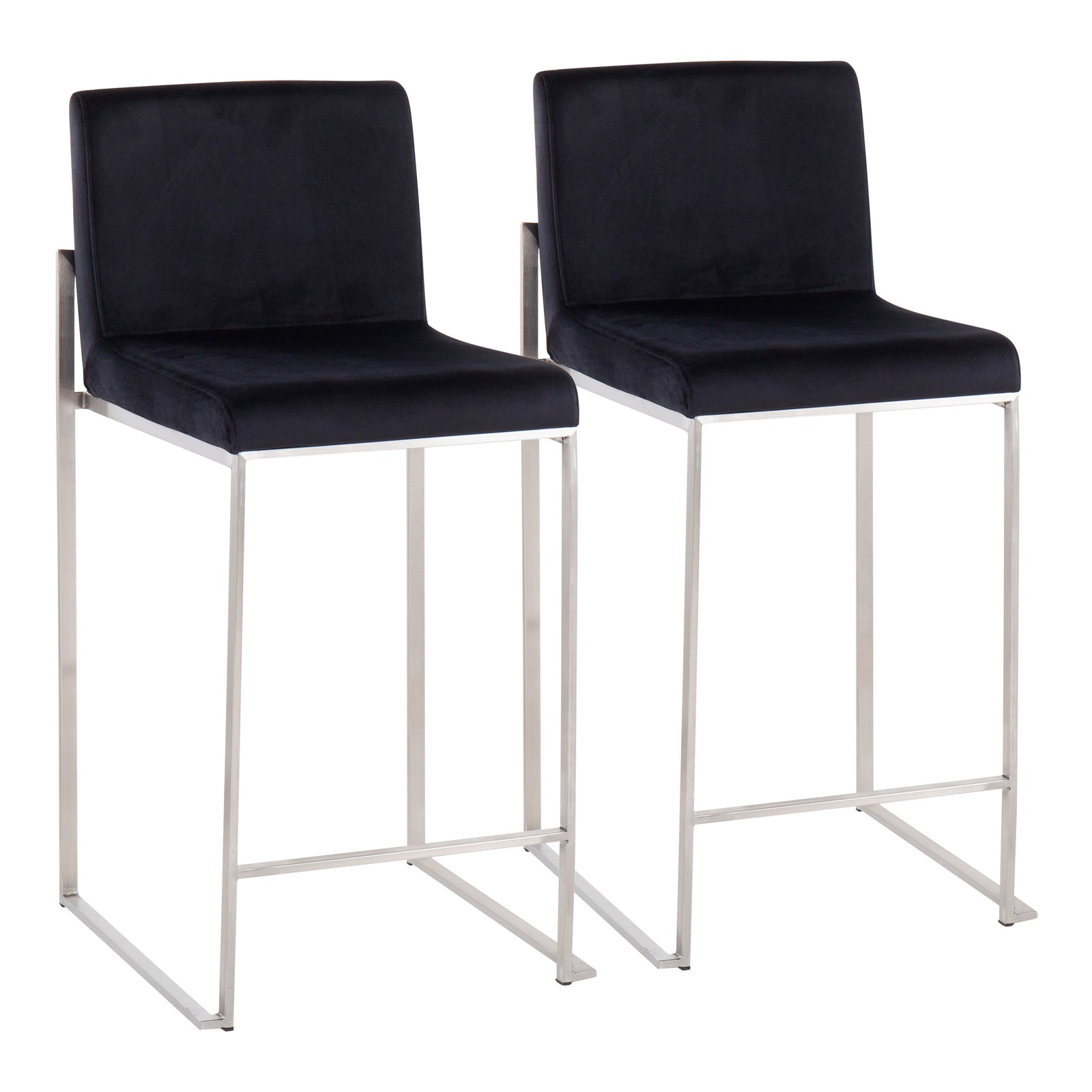 Fuji Contemporary High Back Counter Stool in Stainless Steel and Black Velvet
