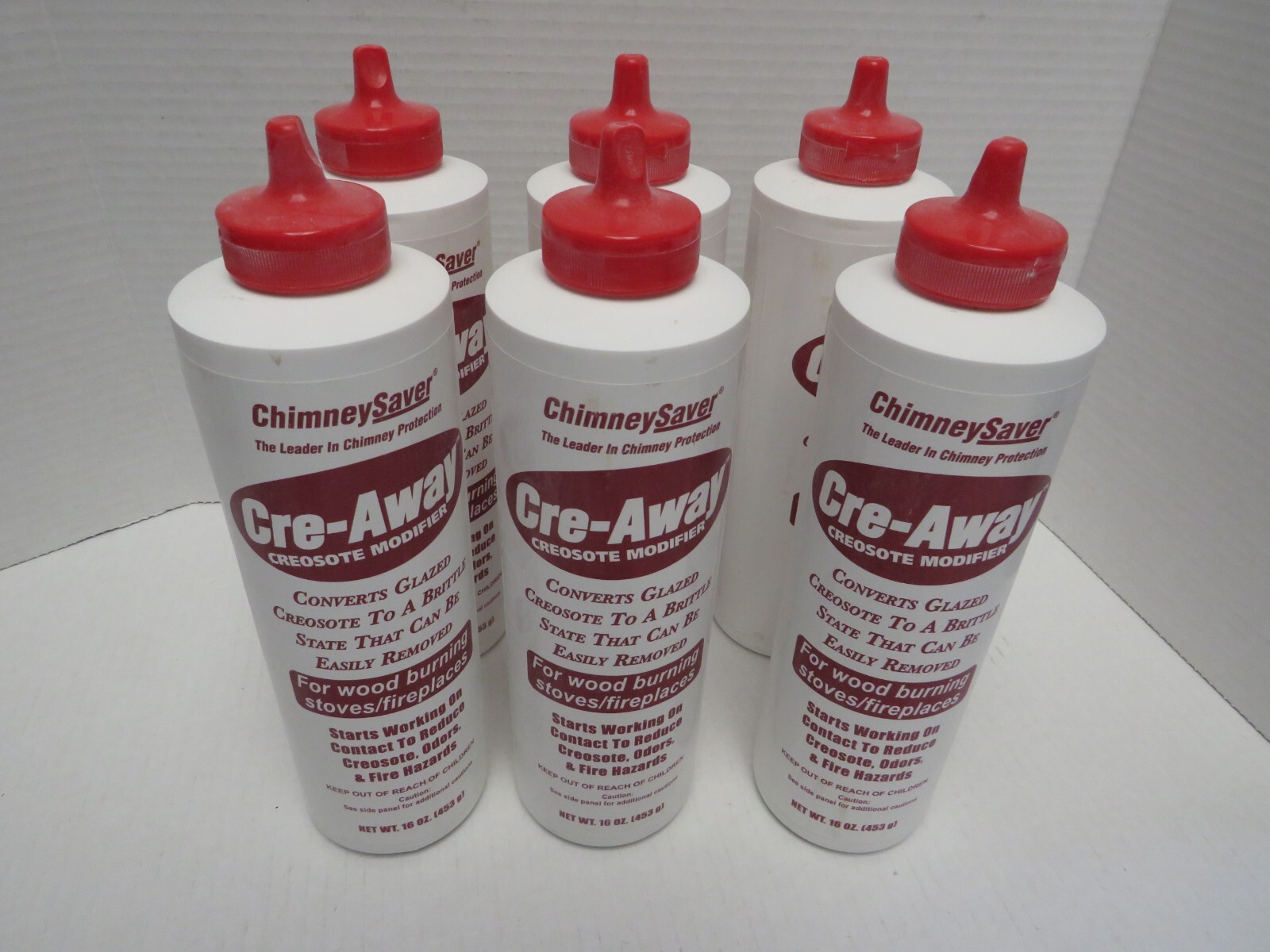 6 BOTTLES ) CRE-AWAY CREOSOTE MODIFIER *CHIMNEYSAVER* 16 OZ, SQUEEZE BOTTLE