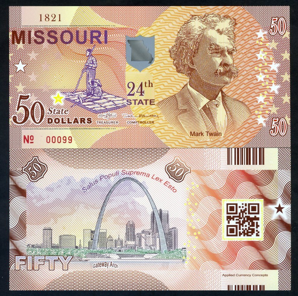 USA States, Missouri, $50, Polymer, ND (2017), UNC Mark Twain, Gateway Arch F