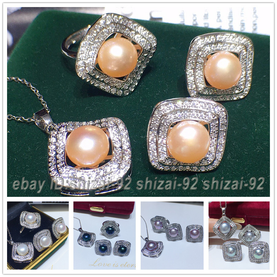 Fashion Natural Pearl Beads Inlay Earrings+Ring+Pendant Necklace Jewelry Set AAA