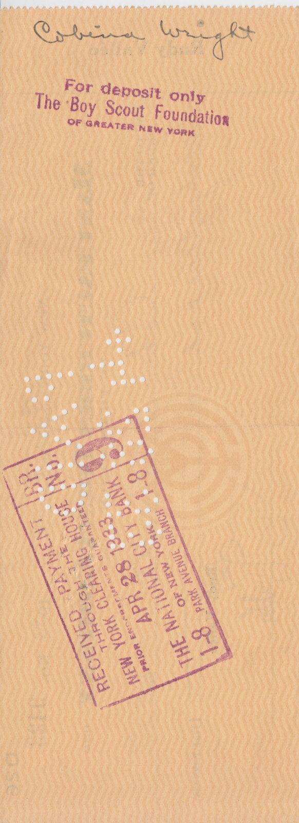 Cobina Wright (Opera Star) signed endorsed bank check