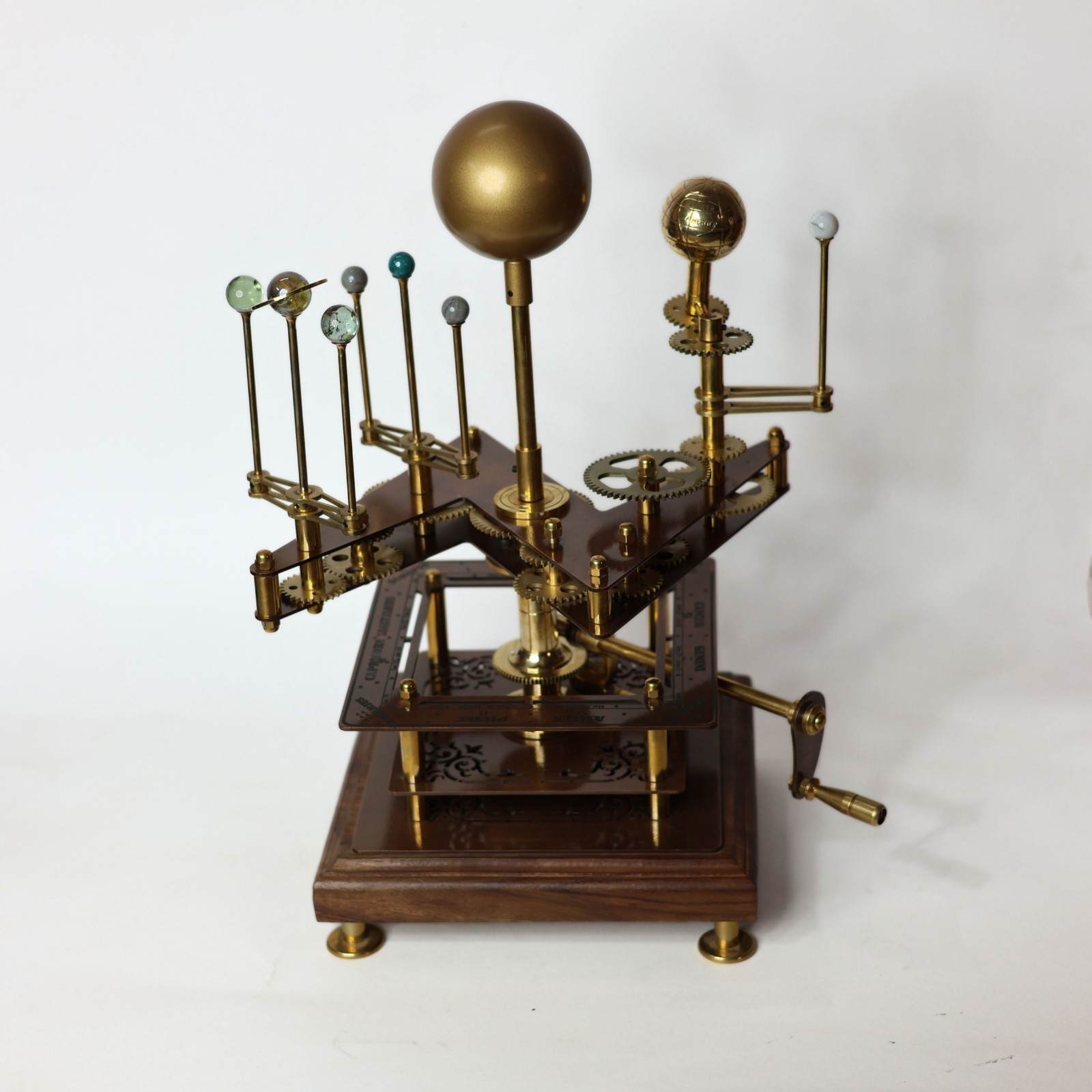Antique-Style Brass Orrery — Hand-Crank Planetary Model on Rosewood Base (20")