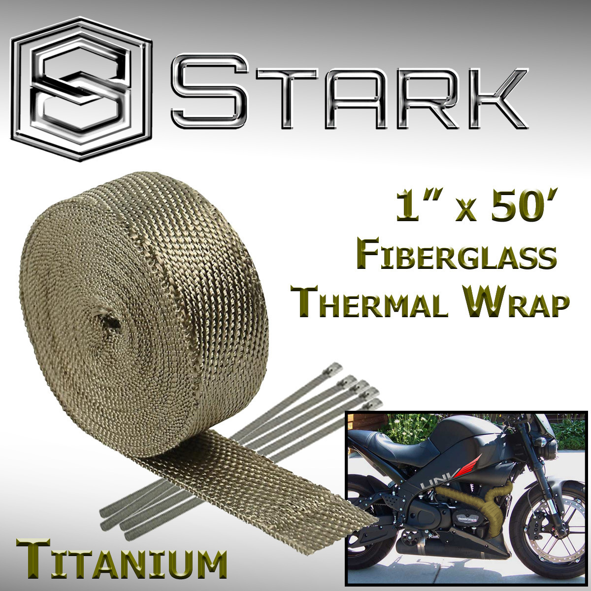 1" x 50' Ft Motorcycle Header Exhaust Heat Wrap Fiberglass Manifold Titanium (D)