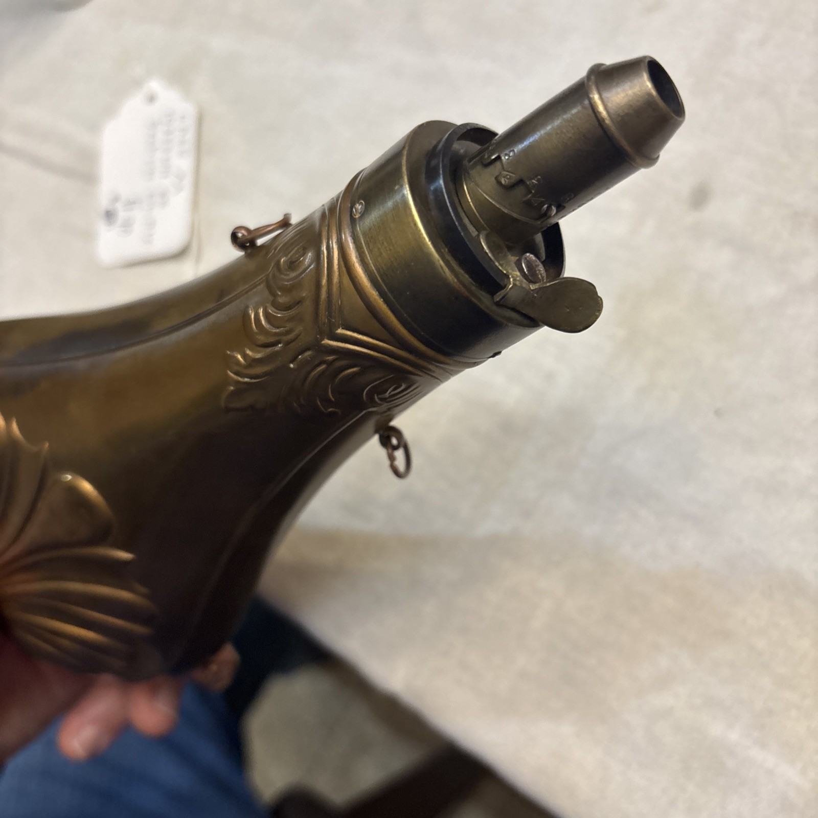 Antique Copper & Brass Black Powder Flask – Floral Shell Embossed
