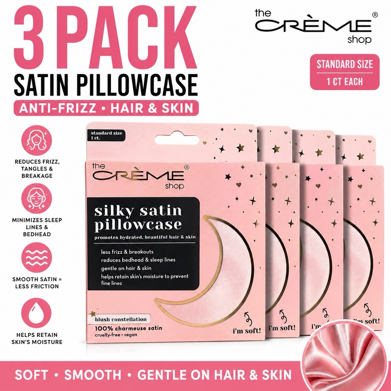 3 Pack Crème Shop Satin Pillowcase Blush Constellation Standard