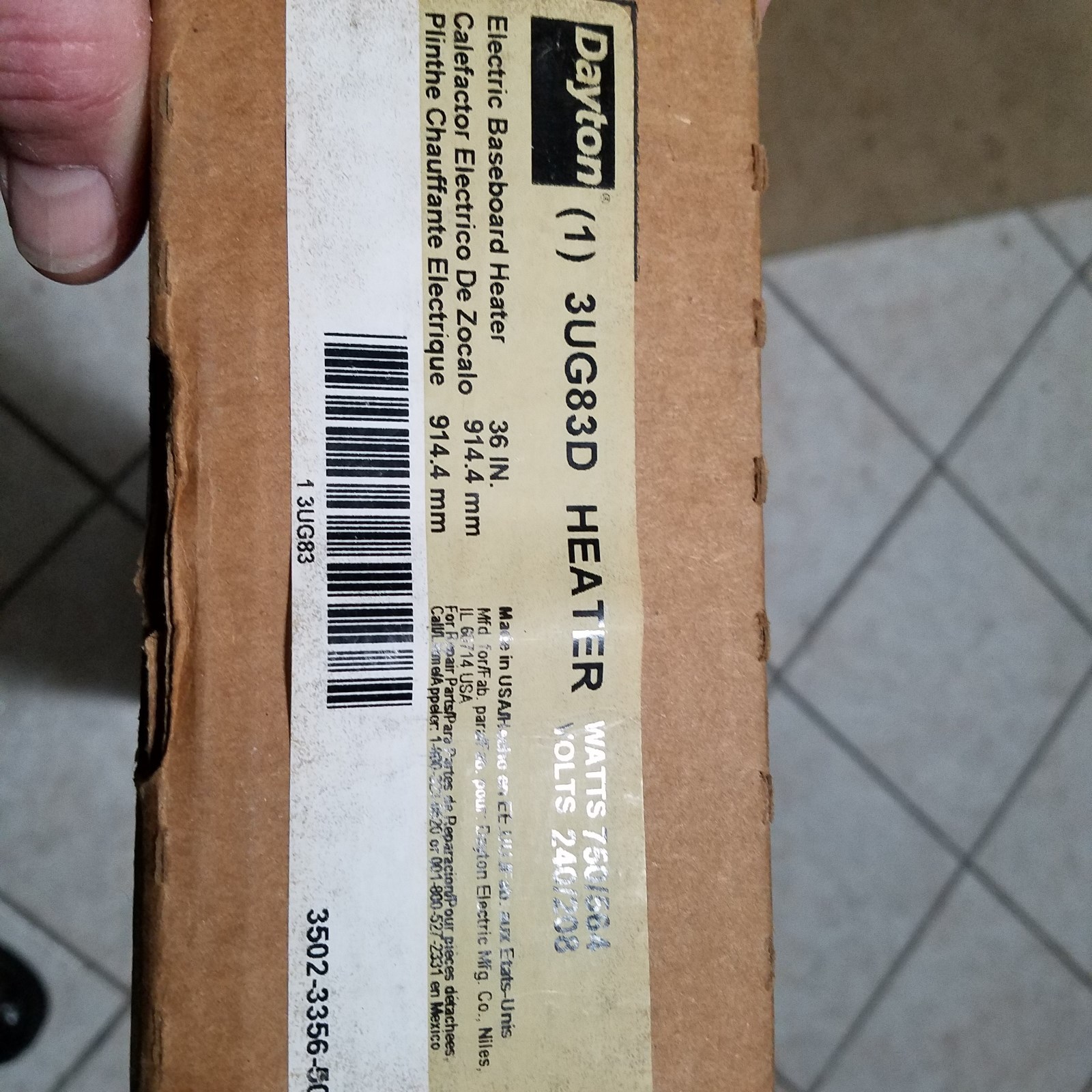 Dayton 36" Electric Baseboard Heater, 750W, 240V,3UG83D Free Shipping!!