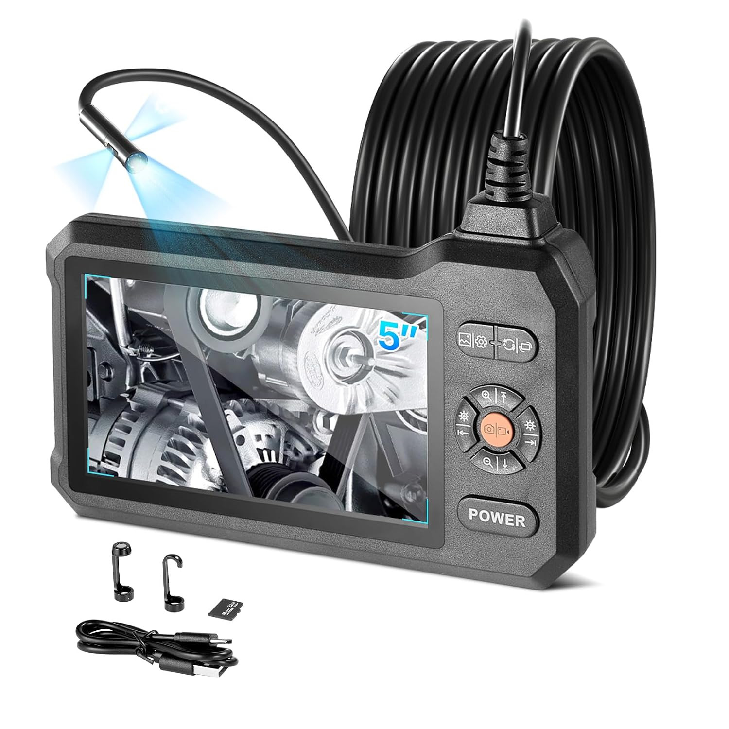 Triple Lens Endoscope with Light, 5" HD IPS Screen Industrial Borescope, 1280 X