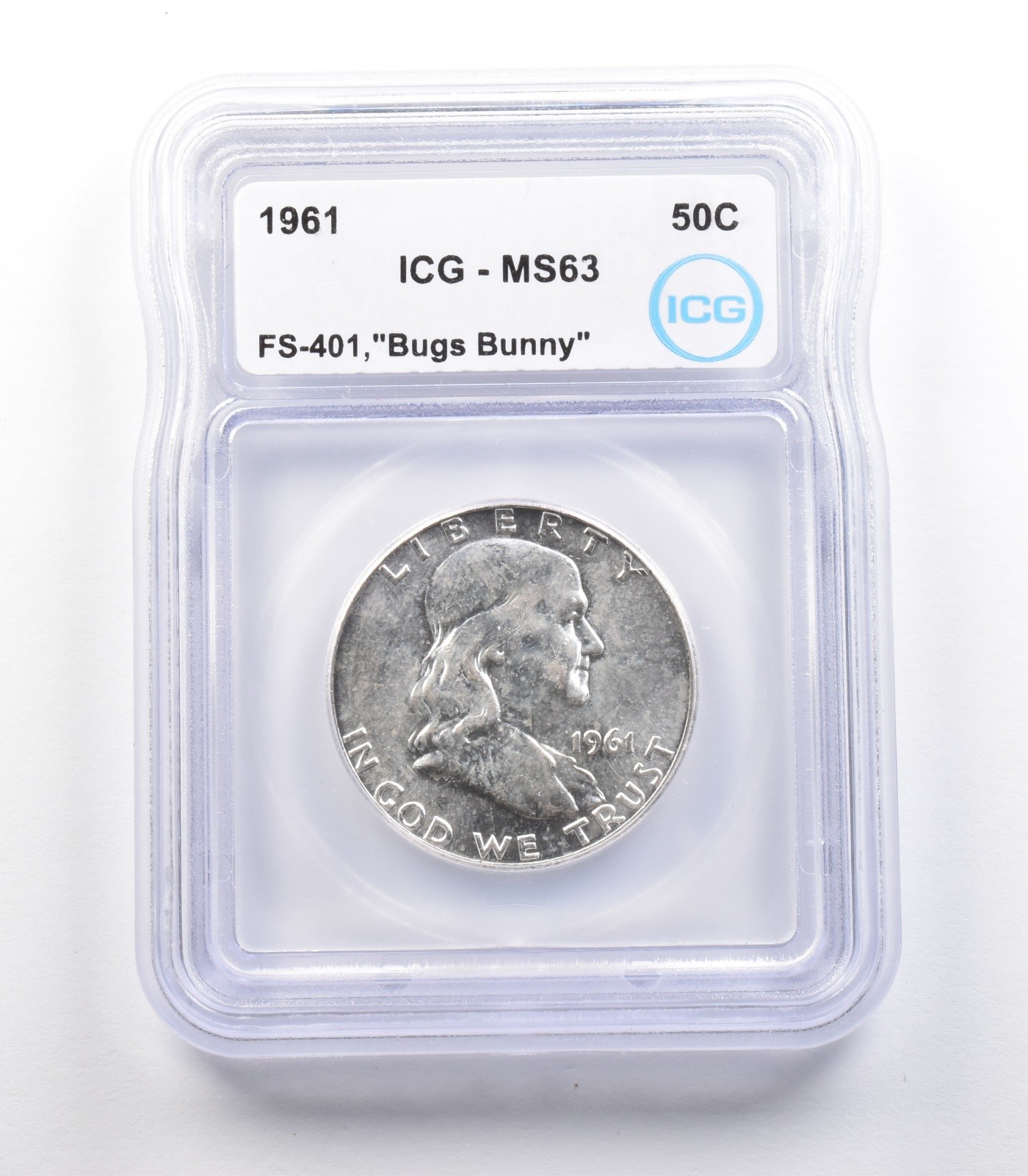 1961 Franklin Half Dollar Mint Error FS-401 Bugs Bunny MS63 ICG *2371