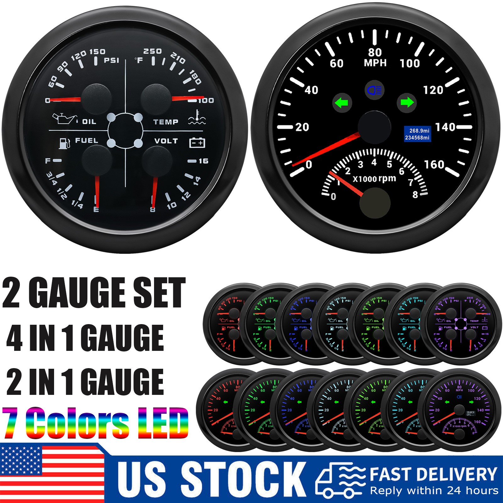 2 Gauge Set 85mm Black GPS Speedometer 160MPH W/Tacho 8000RPM&4 IN 1 Gauge US