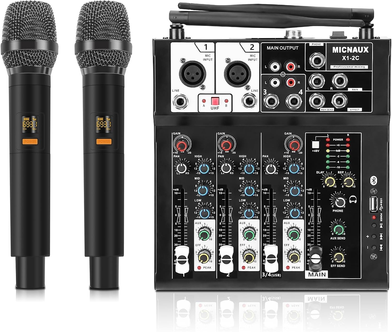 4 Channel Audio Mixer, Karaoke Mixer with Dual Wireless Microphones, Professiona