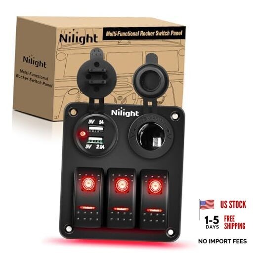３ Gang Rocker Switch Panel with USB Charger and Cigar 3+2 Gang Dual USB Red