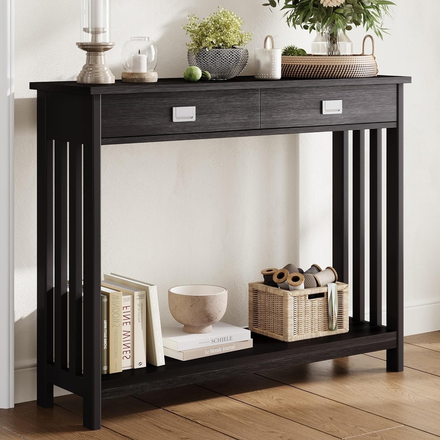 Black Entryway Table W/ Drawer Narrow Console Table Sofa Table W/ Storage Shelf