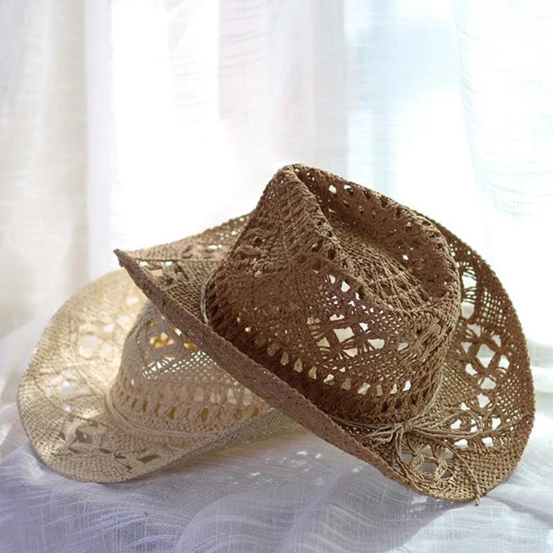 Women Men Western Cowgirl Hat Straw Cowboy Shapeable Wide Brim Summer Retro-