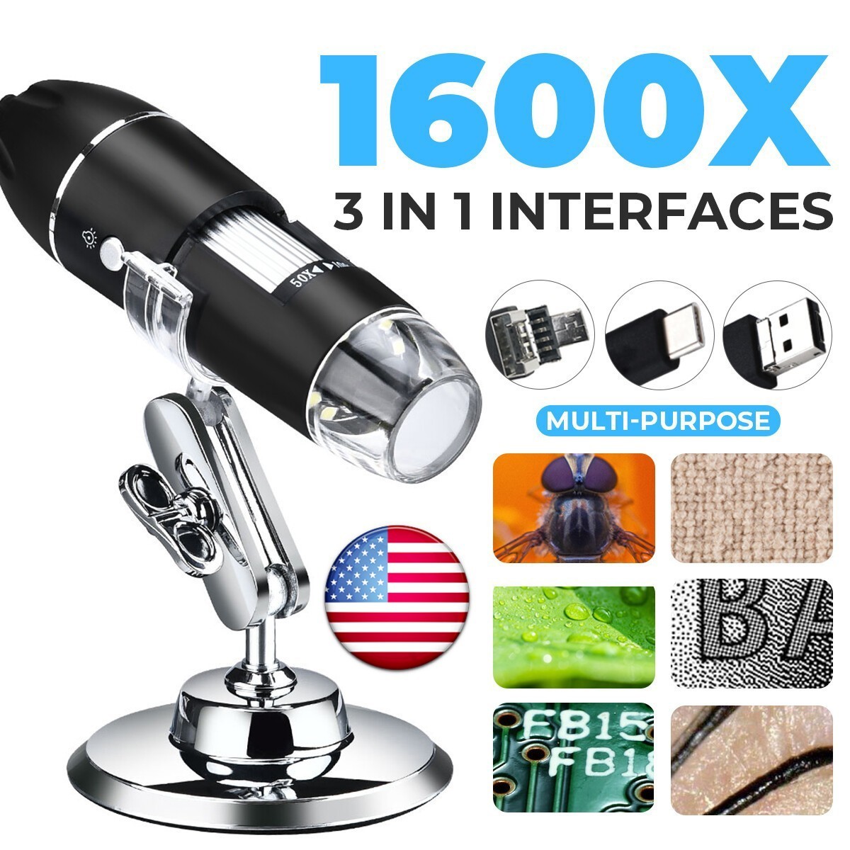 1600x Zoom 8 LED HD USB Microscope Digital Magnifier Endoscope Video Camera US