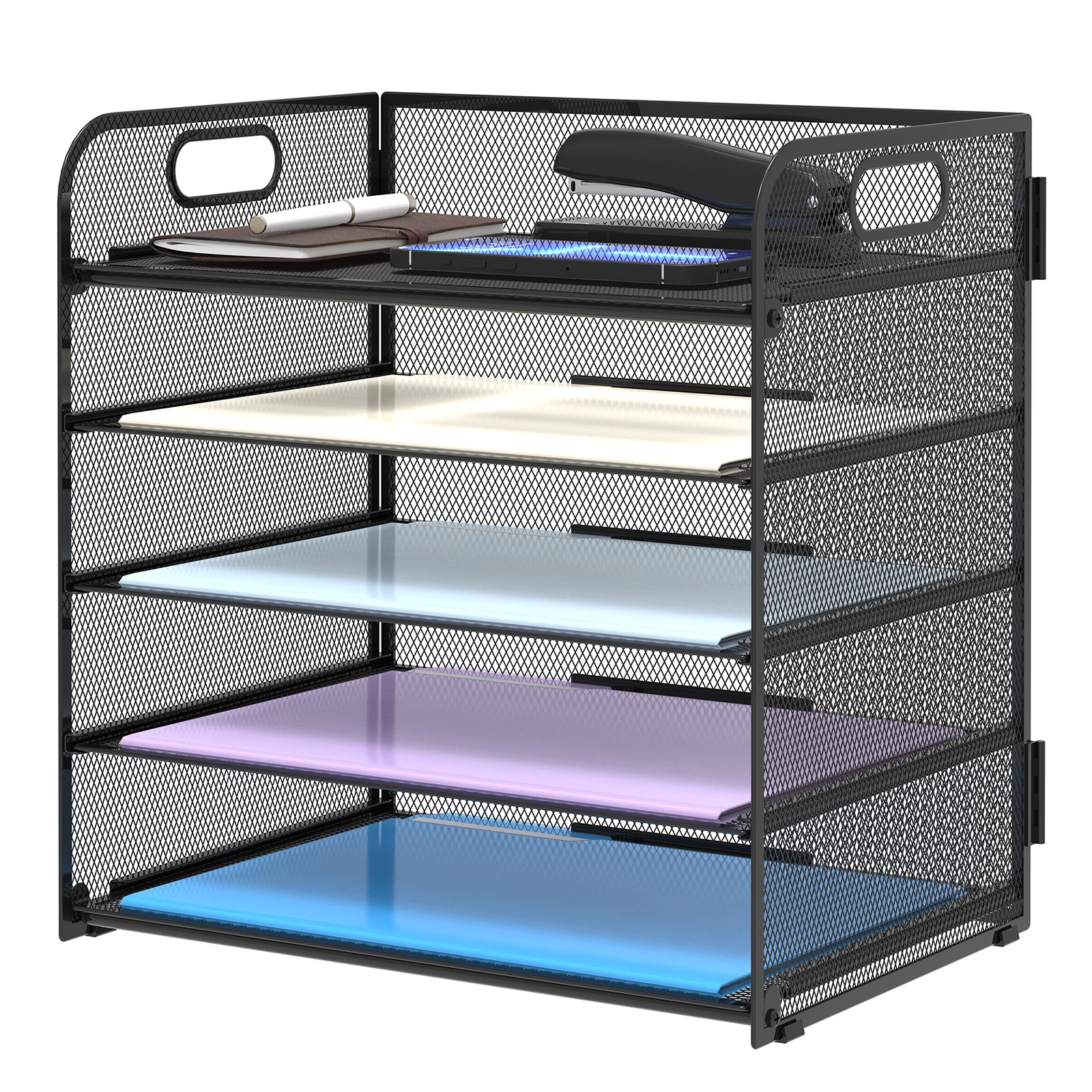 Mesh Desk File Organizer with Five Trays and Handle Paper Sorter for Office