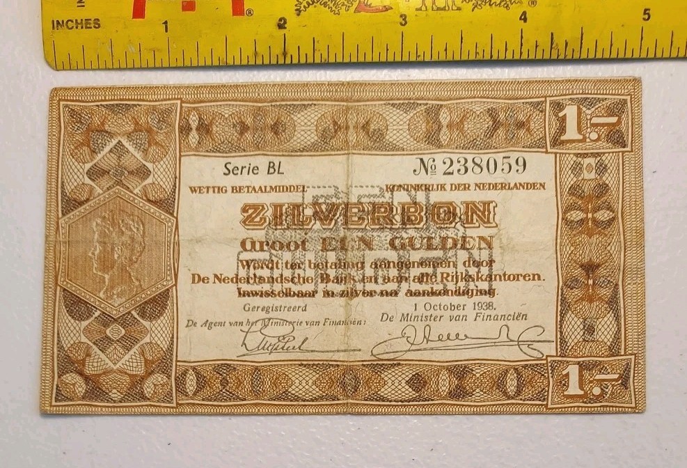 Old Netherlands Zilverbon 1 Gulden Note 1938 *Clean Circulated*