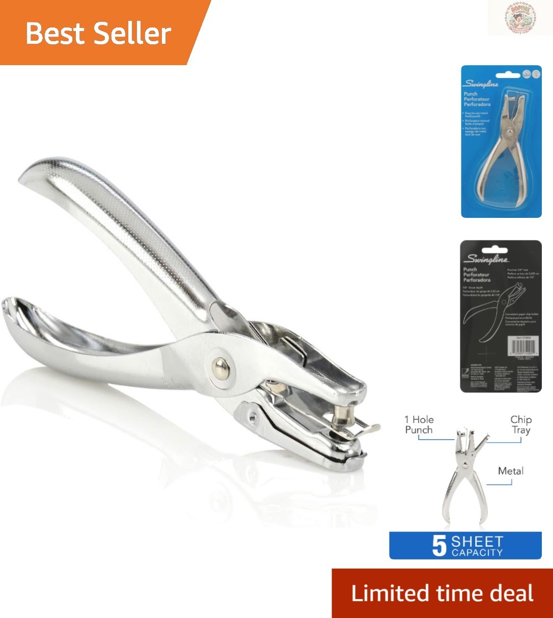 Swingline 1-Hole Punch - Chrome, 5-Sheet Capacity Manual Punch for Precision