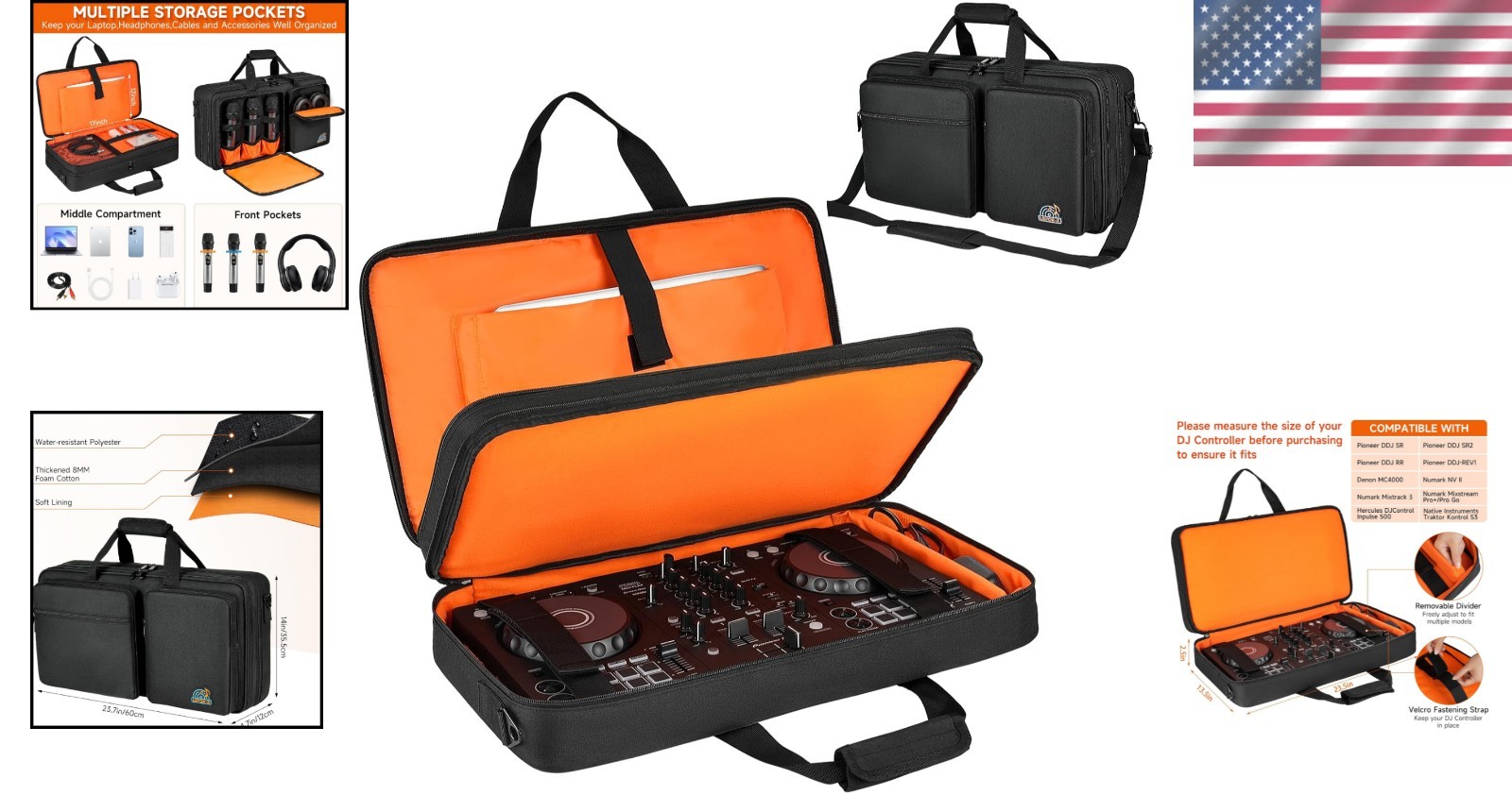 DJ Controller Bag Black Orange Polyester Protective Case M 23.5"x13.5"x2.5"