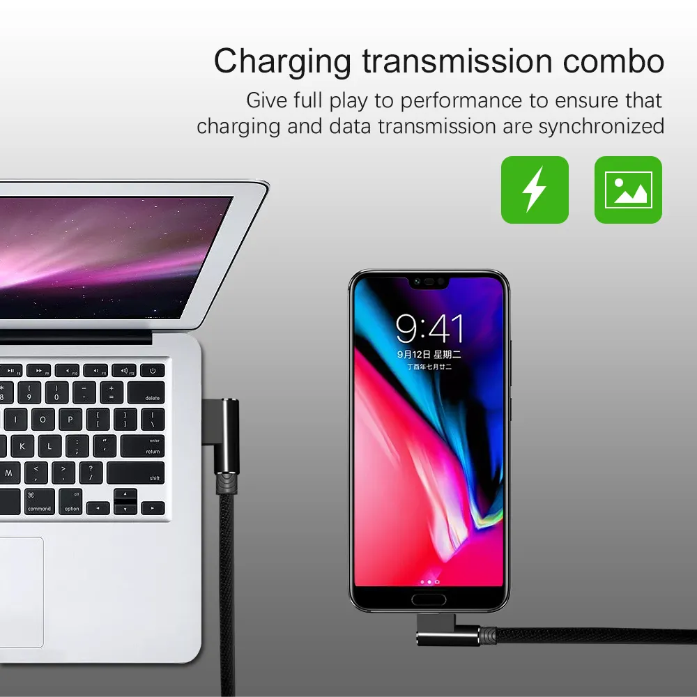 Type C 90 Degree Right Angle USB C 2.4A Fast Data Sync Charging Charger Cable