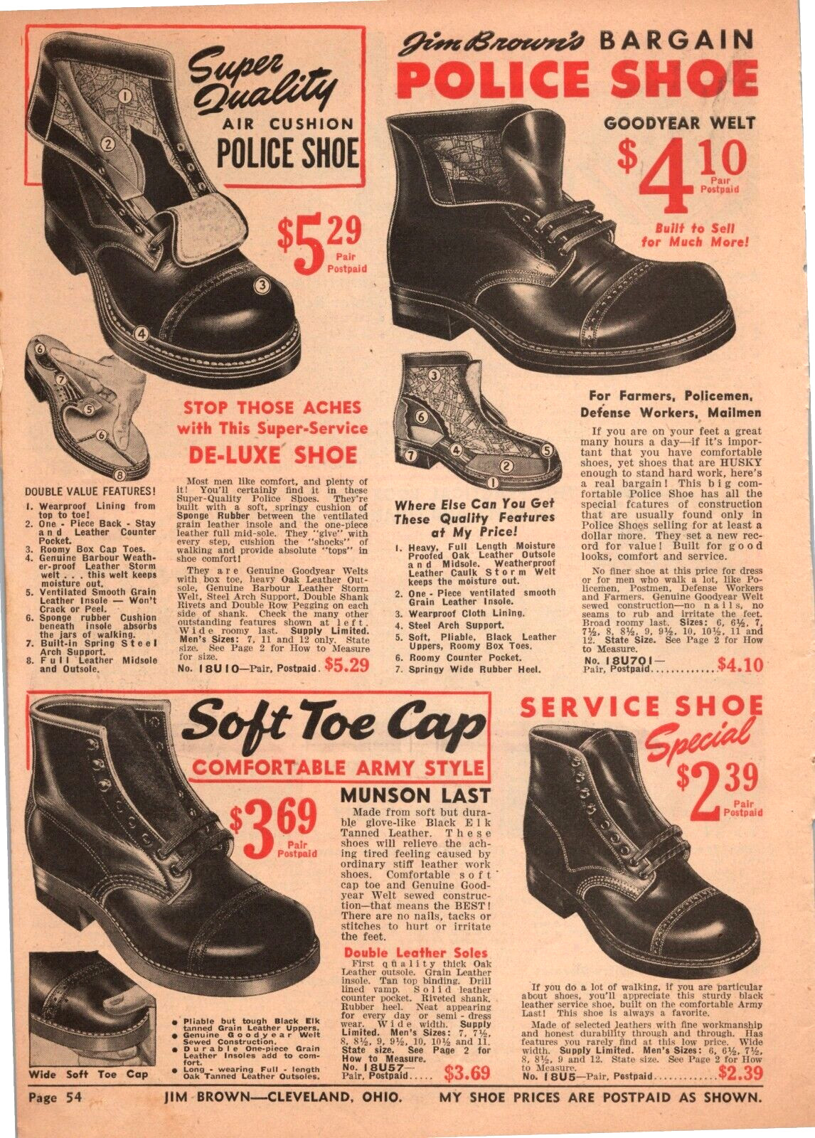 1943 Print Ad POLICE SHOE ARMY STYLE SERVICE SHOE 9.5" x 6.5" Jim Brown product