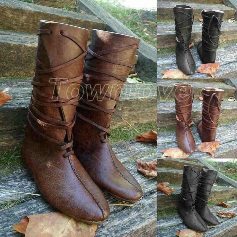 Mens Medieval Viking Boots Leather Casual Reenactment Cosplay Stage Boot