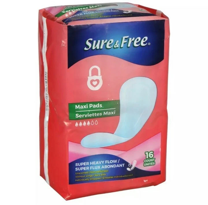 Sure & Free 16ct. Pack Maxi Pads Feminine Care Sanitary Super Heavy FloW -NEW