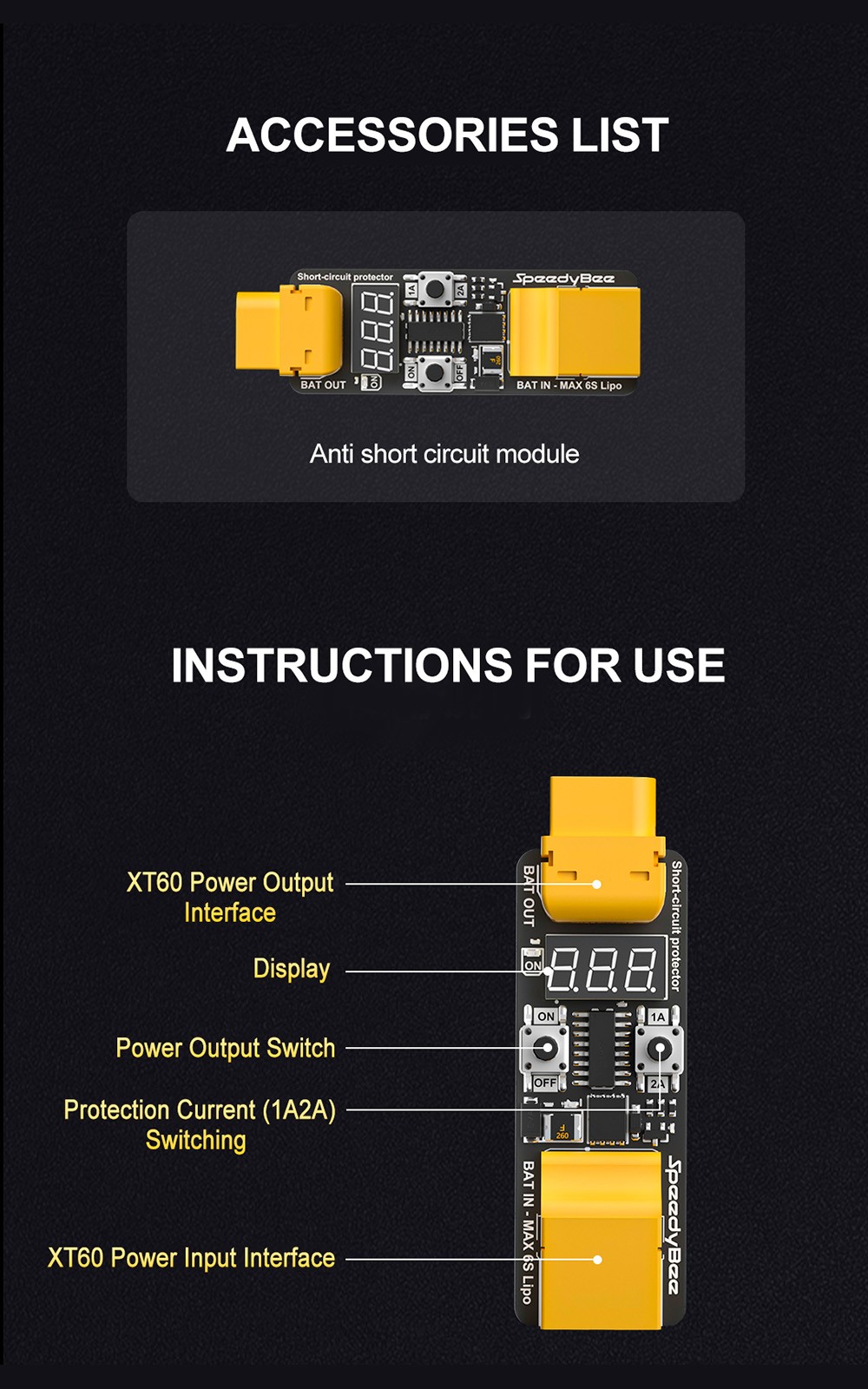 SpeedyBee Anti Short Circuit Module 4-6S 1A/2A Current for RC Flight Stack