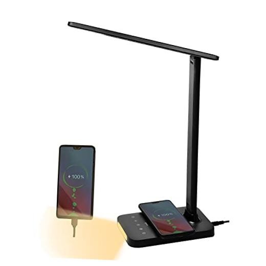 LED Desk Lamp with Wireless Charger, USB Charging Port, 5 Brightness Black