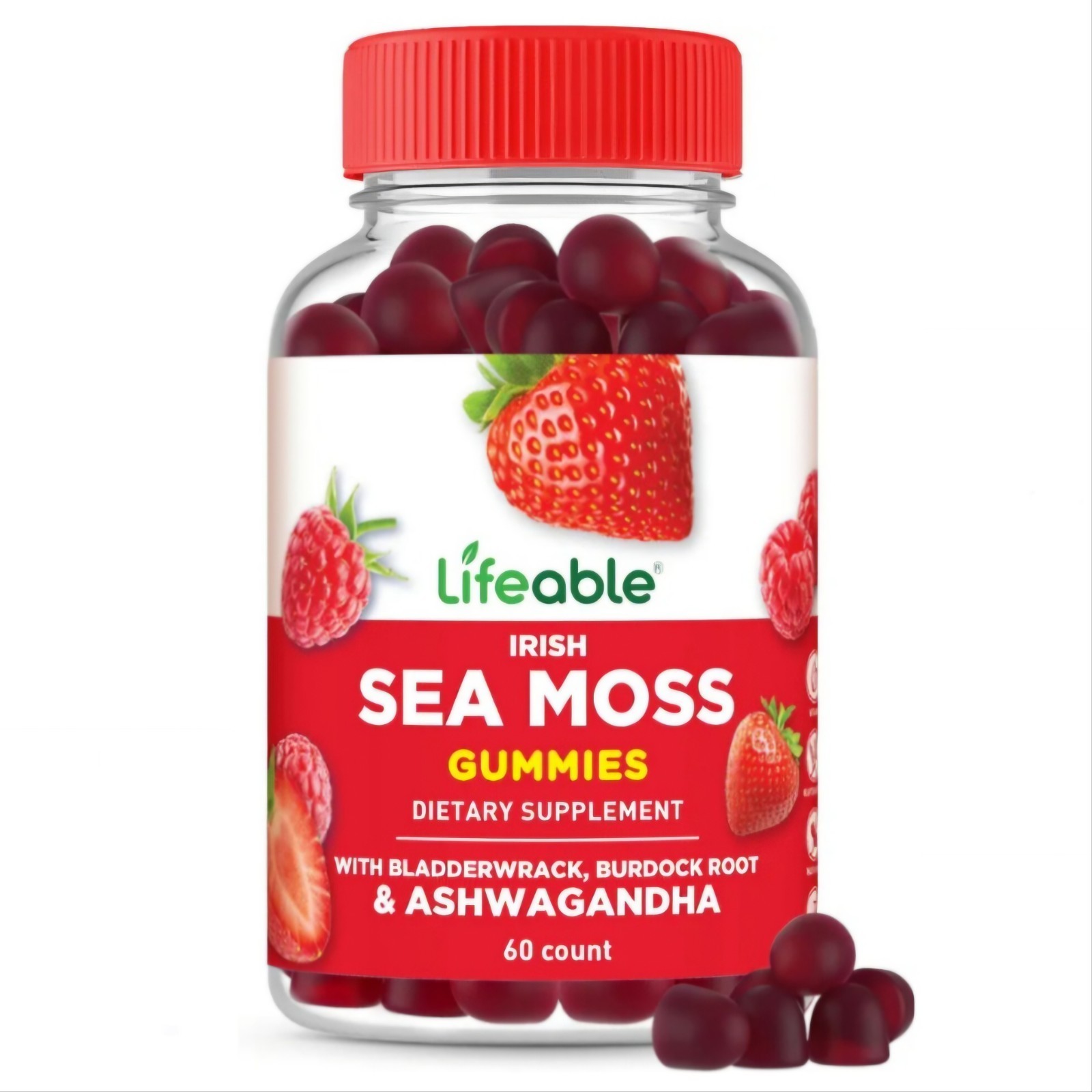Lifeable Irish Sea Moss Gummies Supplement Thyroid Support Berry Flavor 60 CT