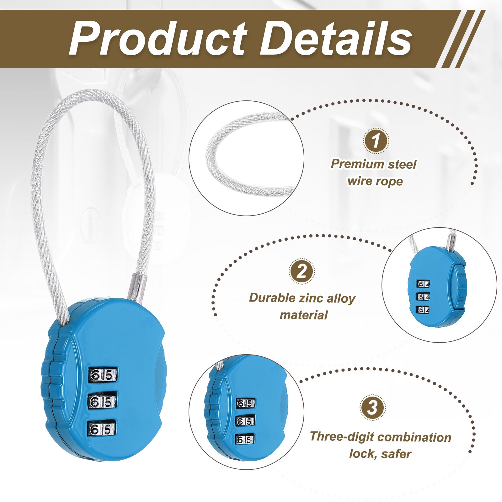 2-Pack Combination Padlock, 3 Digit Round Shaped Cable Luggage Lock [Blue]