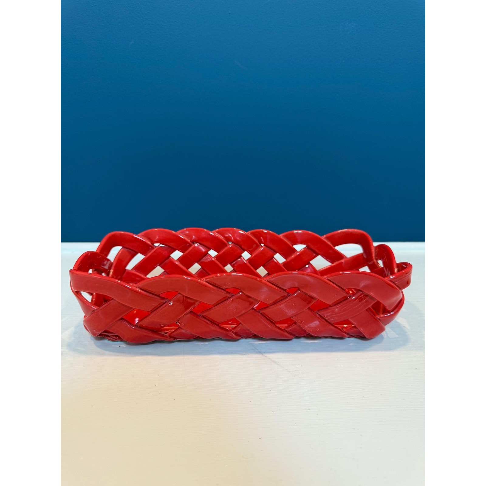 Vintage Primo Gi Red Ceramic Woven Bread Basket Italy Large Weave