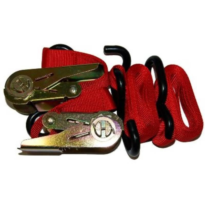 PAIR OF RED RATCHET ONE STRAPS FOR FASTENING WITH TIE RODS 25MM X 200CM MOTORCYCLE