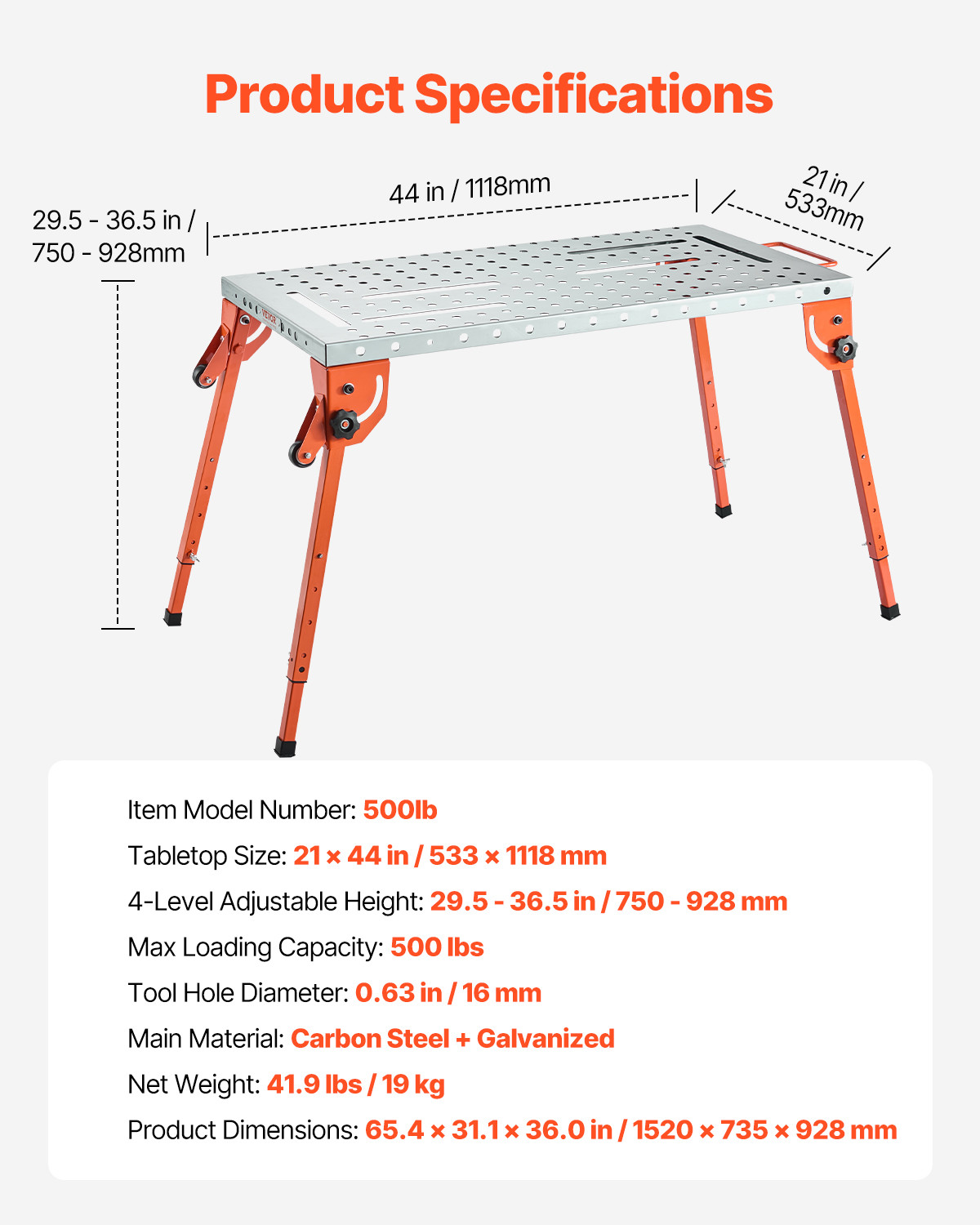 VEVOR Welding Table 44" x 21" 500LBS Folding Workbench with 4-Level Adjustable