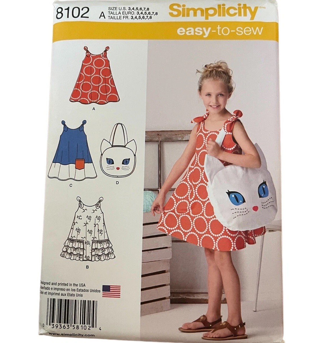 Simplicity 8102 Girls Dress Sewing Pattern Cat Bag Easy Sizes 3-8 UNCUT
