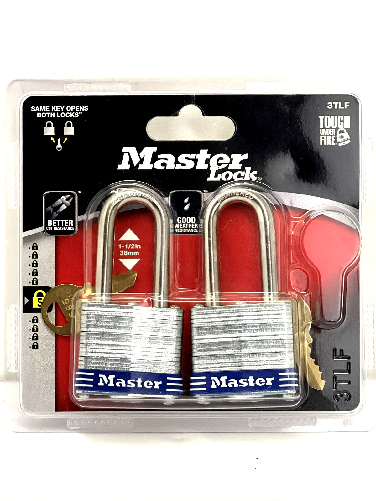 Master Lock, 2 Pack, 38mm  Steel Body Padlock, 1-1/2" Long Shackle 3TLF New.