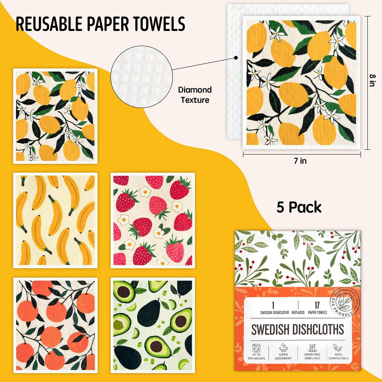 Swedish Dishcloths 5 Pack Reusable Absorbent Washable Kitchen Cleaning Cloths