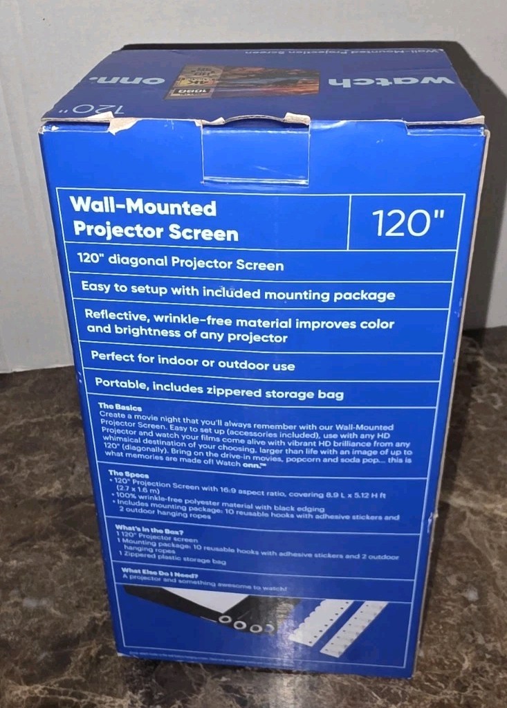 120” Projector Screen Onn Wall Mounted White New