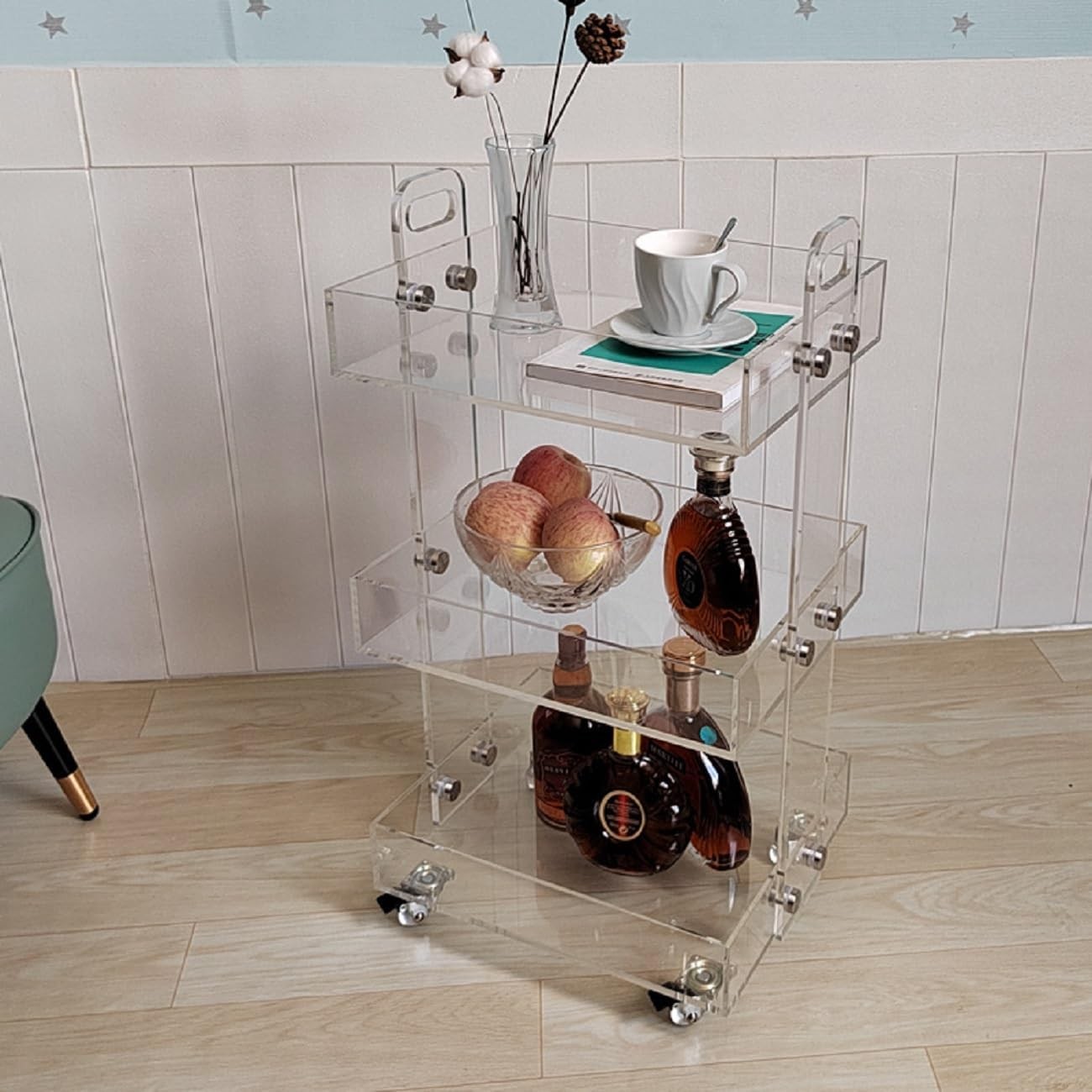 Clear Acrylic Side Table W/ Wheels 3 Tier Acrylic End Table Side Table Rolling