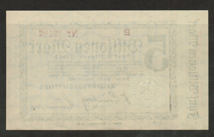GERMANY BANKNOTE 5 BILLION MARK CASSEL 1923 AU