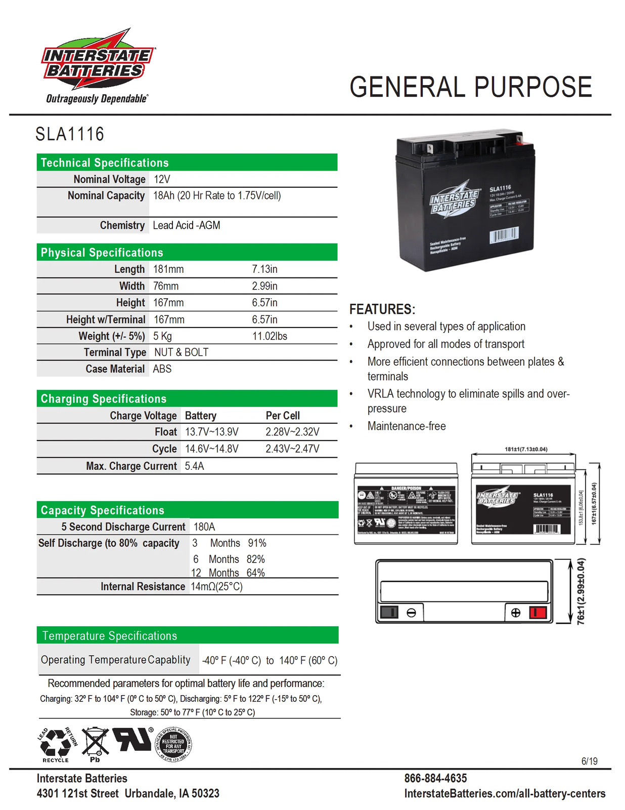 Interstate Battery SLA1116 12V 18Ah AGM Scooter Battery - OEM Equivalent