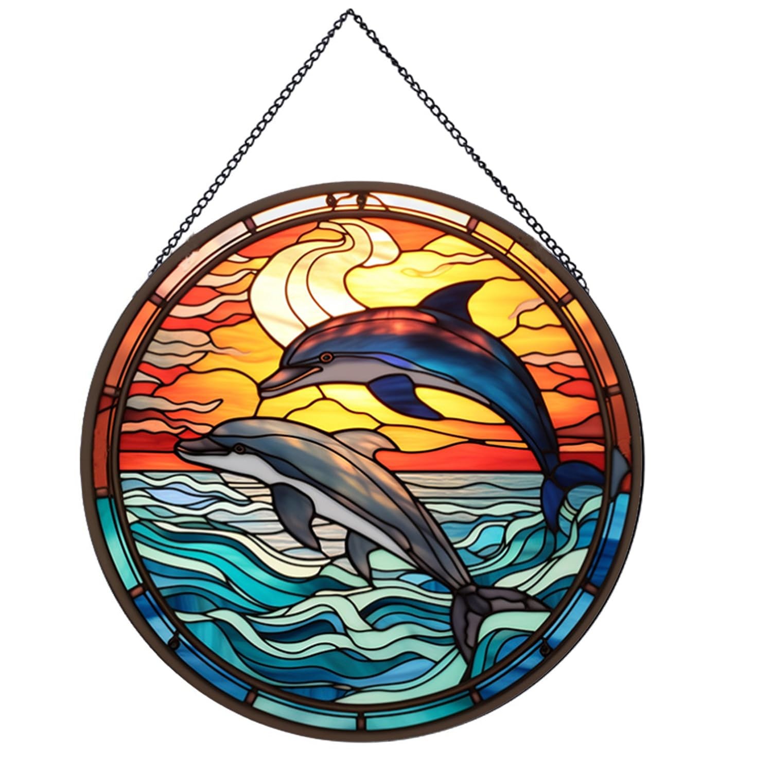Jumping Dolphin Pattern Suncatcher Stained Glass,Hanging Stained Glass for Wi...
