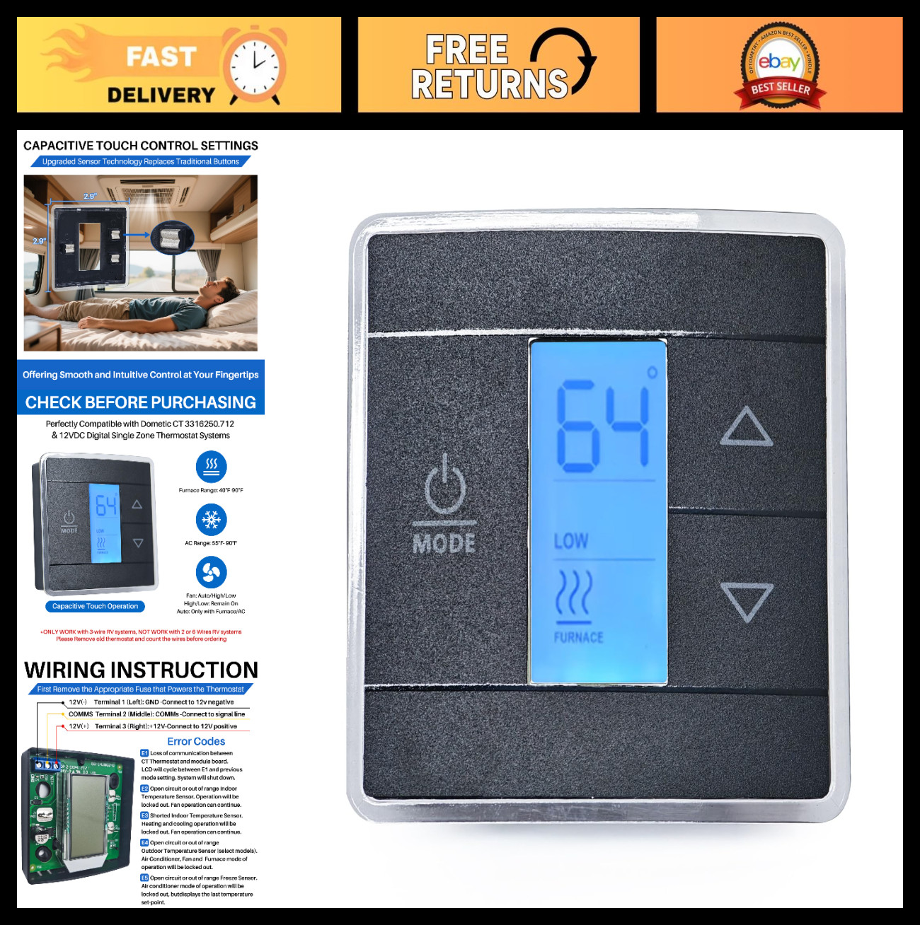 Upgraded 3-Wire RV Thermostat, 12VDC Digital Wall Control, Touch-Sensitive, Blue