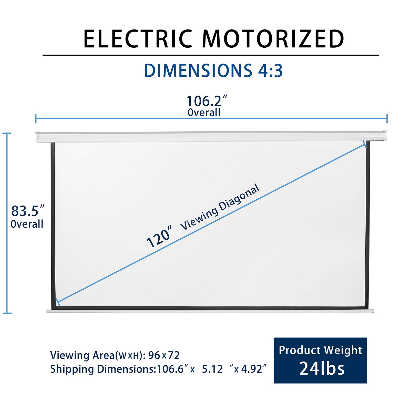 120" Motorized Projector Screen Electric Diagonal Automatic Projection 4:3 HD...