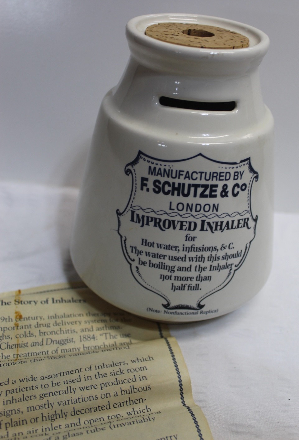 Reproduction of Antique  F. Schutze & Co. Inhaler - Ceramic with Paperwork Info