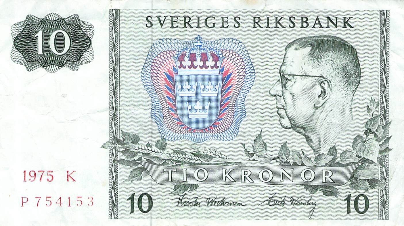 SWEDEN  P.52  10 KRONOR 1975 CIRC