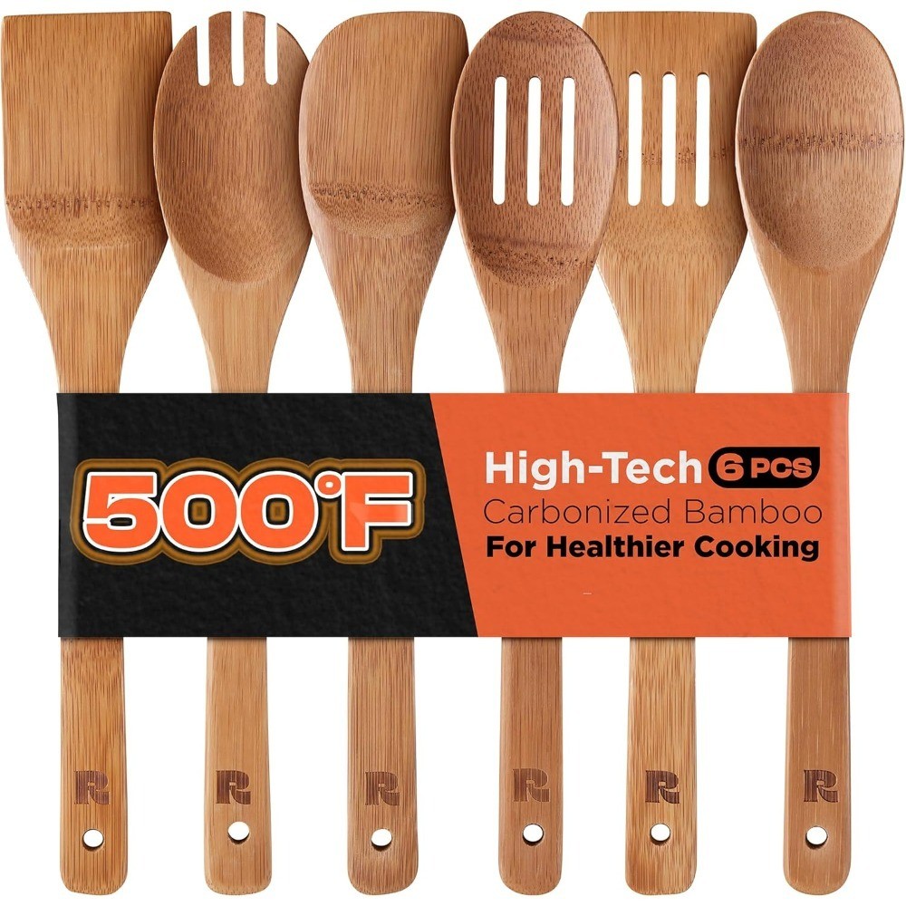 Dark Bamboo Wooden Spoons for Cooking 6-Piece, Apartment Essentials Wood