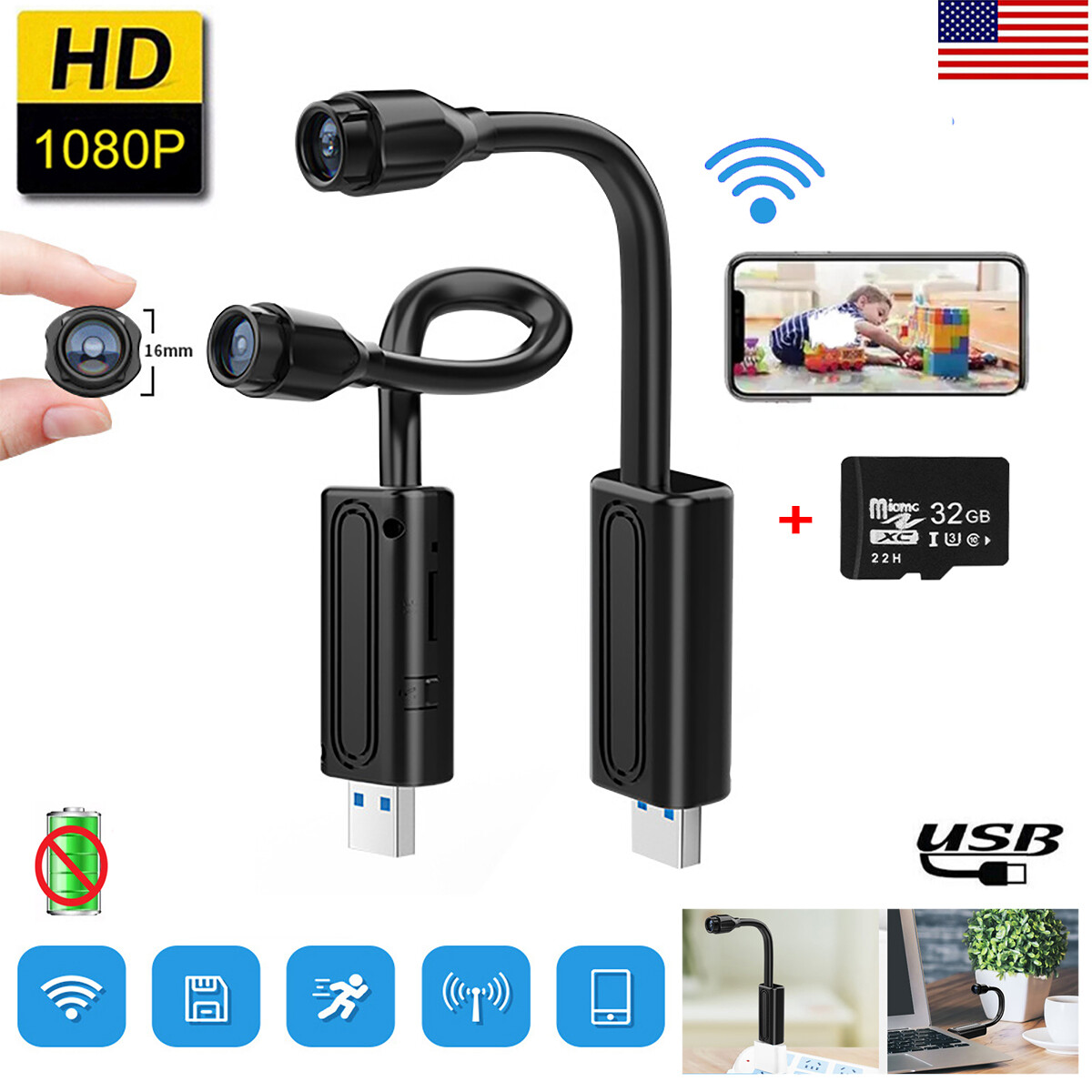 32G Mini Wifi Wireless USB Camera HD 1080P Home Security DVR Motion Detection