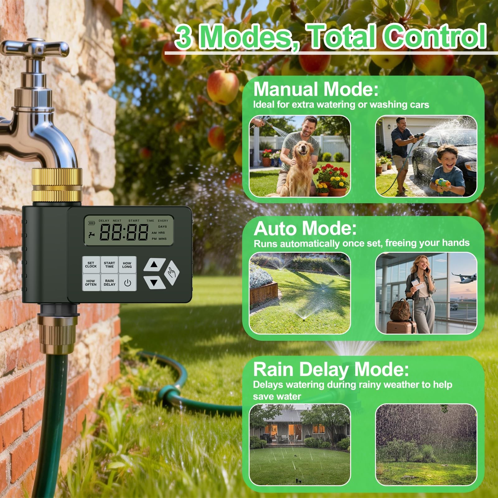 Outdoor Water Timer for Garden Hose, Programmable Sprinkler with Rain Delay,