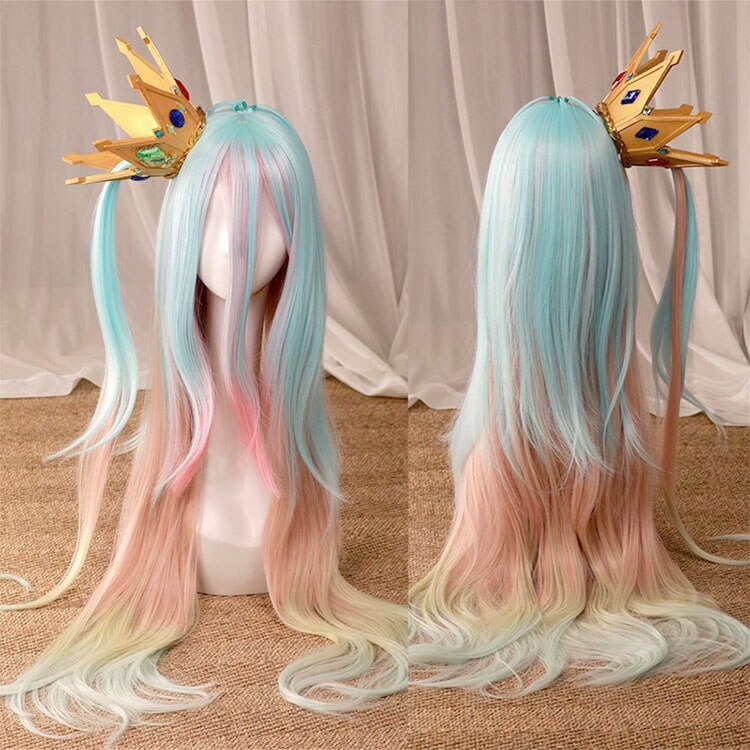 No Game No Life Shiro Cosplay Wig Crown Prop Headwear Long Straight Colorful Wig